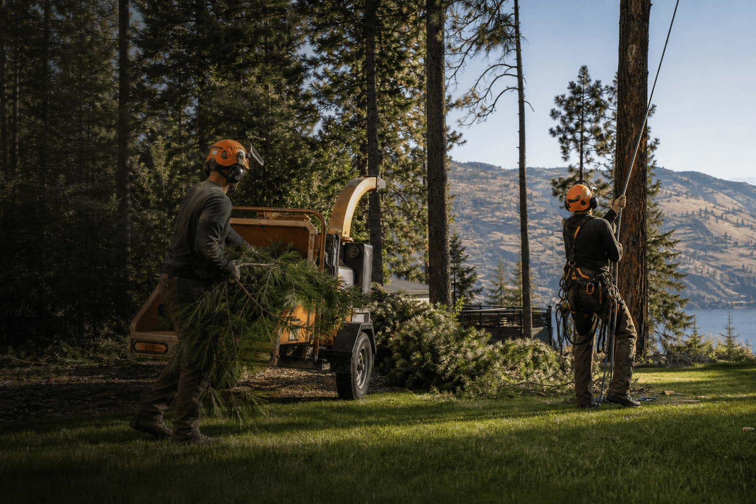Tree crew working in a forested Okanagan yard near Kelowna