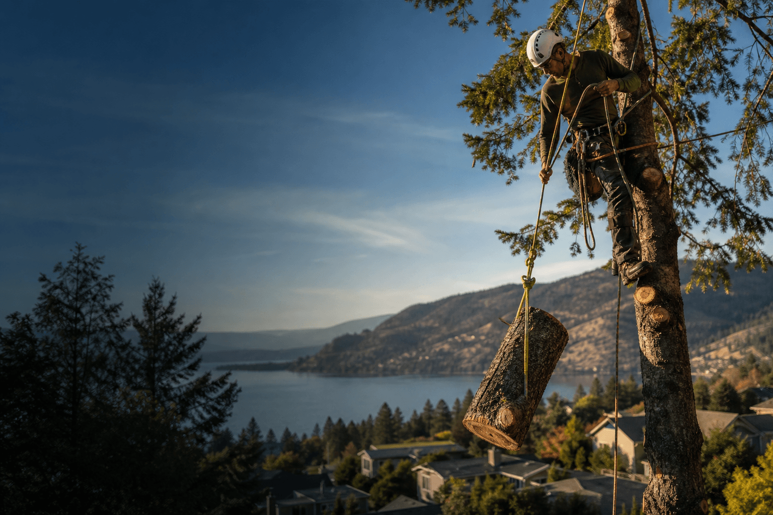 Arborist roping down a large tree above an Okanagan property in Kelowna, BC