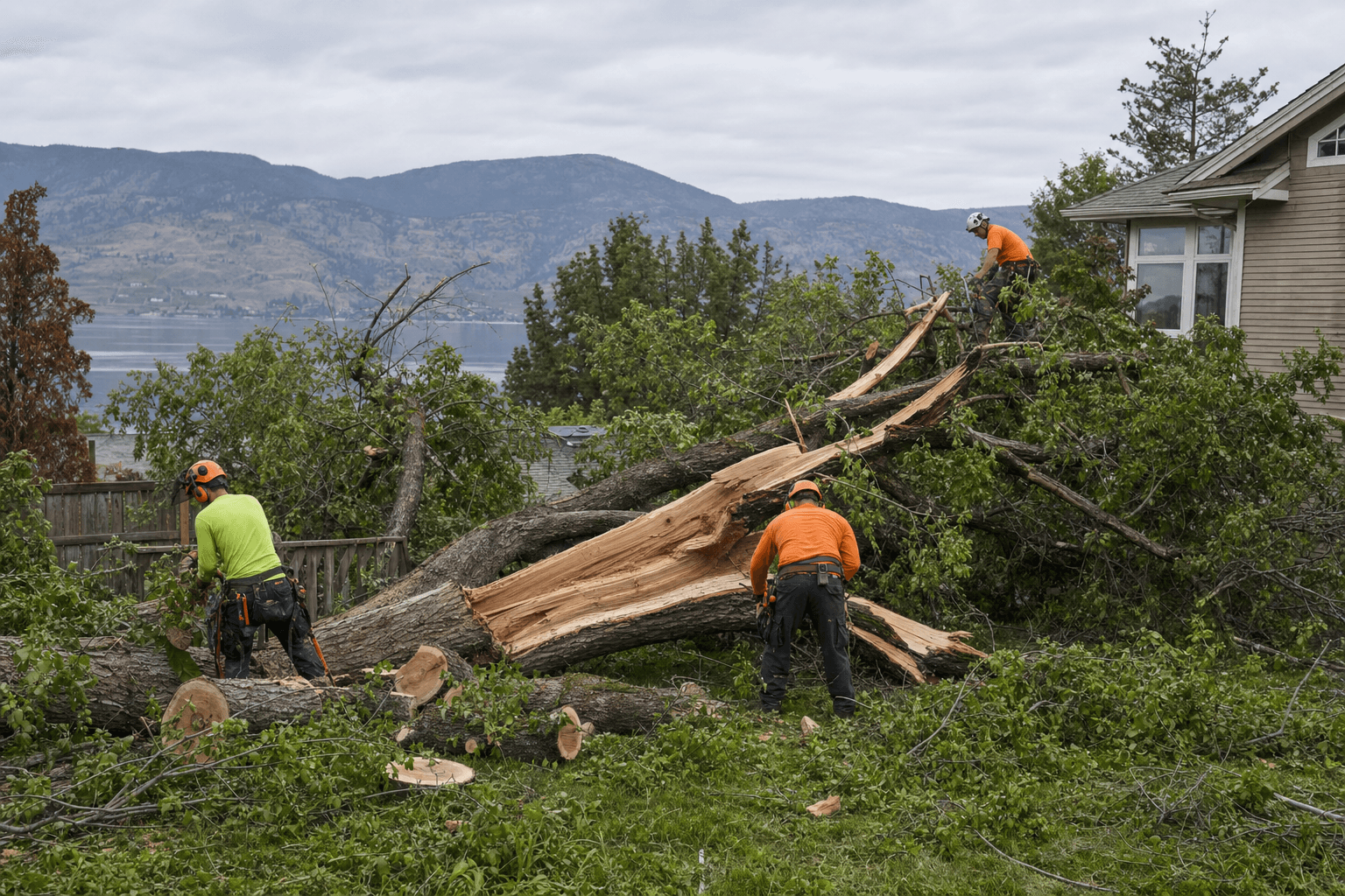 Crew clearing a storm-damaged tree from a property near Kelowna