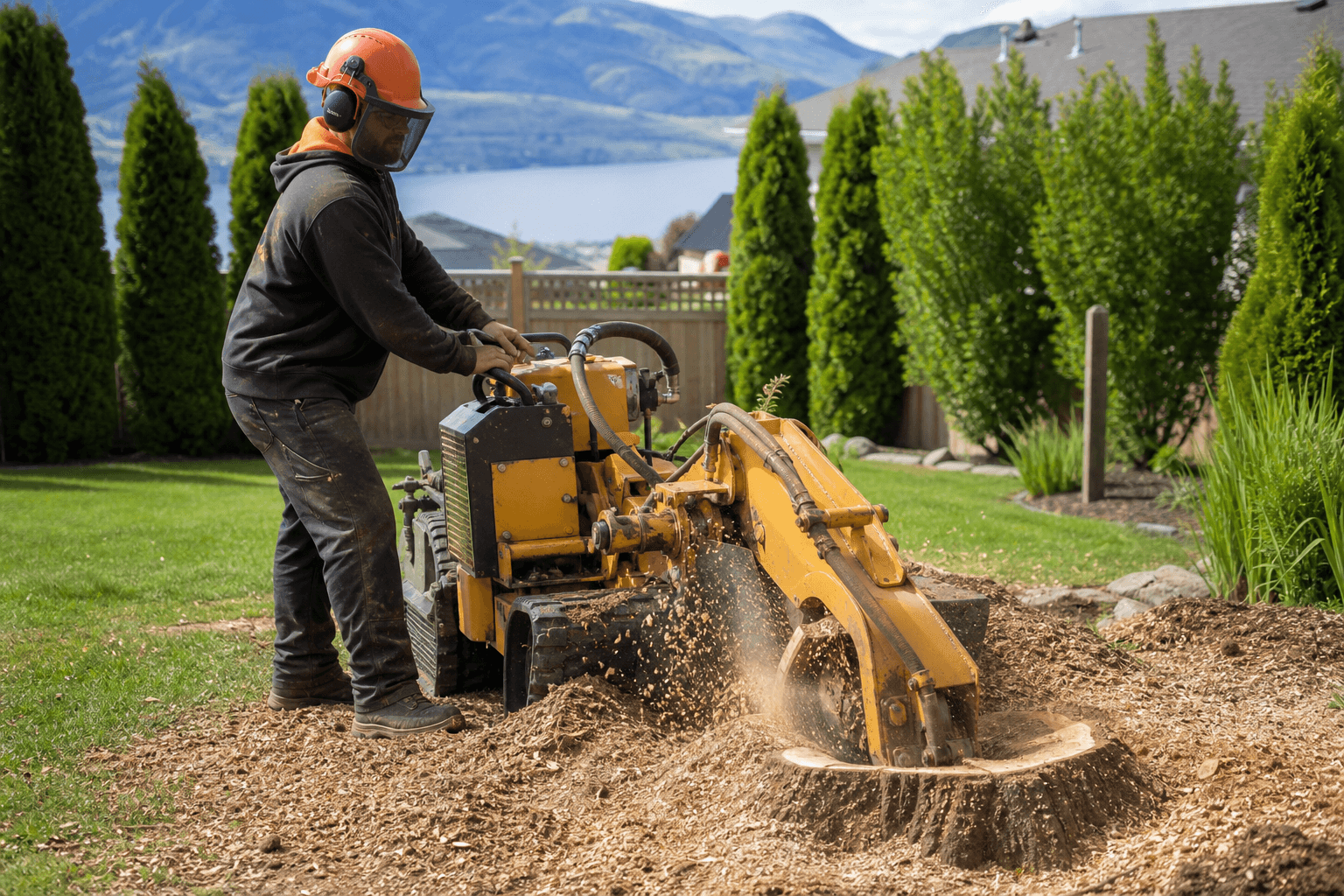 Stump grinder removing a tree stump below grade in a Kelowna yard